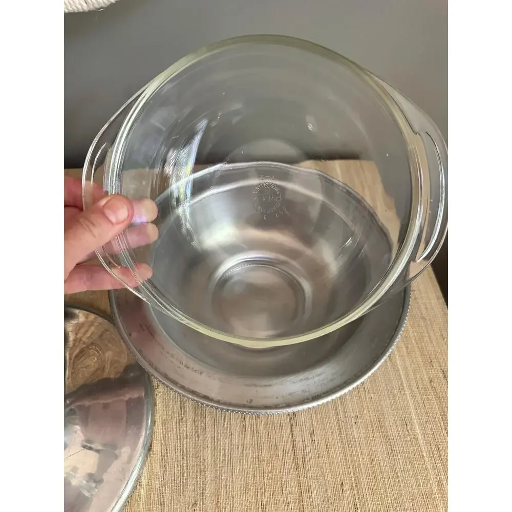 Vintage Aluminum Serving Dish with Pyrex, MCM Tureen Lid